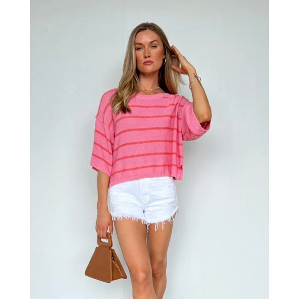Vestique Women's Change Your Reality Pink Orange Striped Knit Sweater Sz Medium